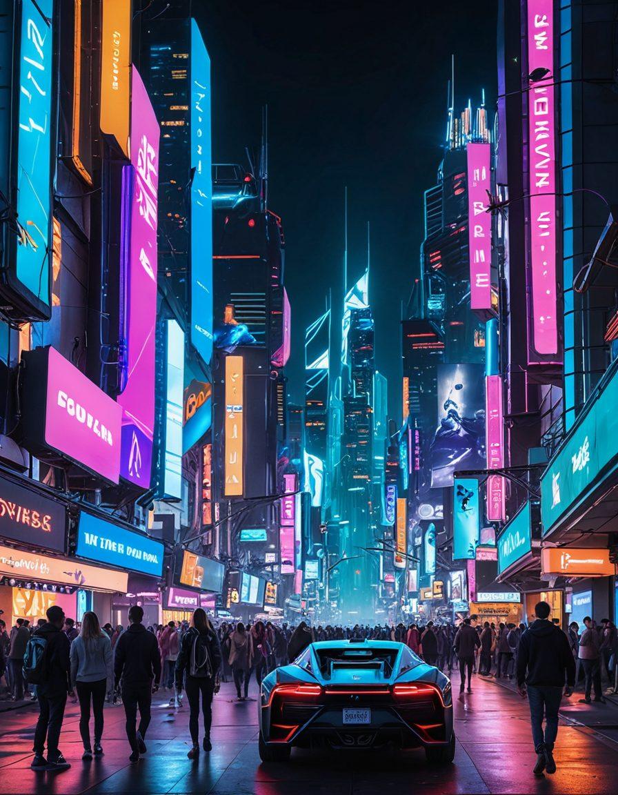 A futuristic cityscape with vibrant neon lights showcasing advanced technology such as drones, holograms, and robots interacting with humans. In the foreground, a diverse group of tech enthusiasts eagerly engaging with the latest gadgets and devices. The sky is filled with flying cars and digital billboards flashing trending tech news. The scene is dynamic, lively, and colorful to convey innovation. cyberpunk. vibrant colors. 3D.