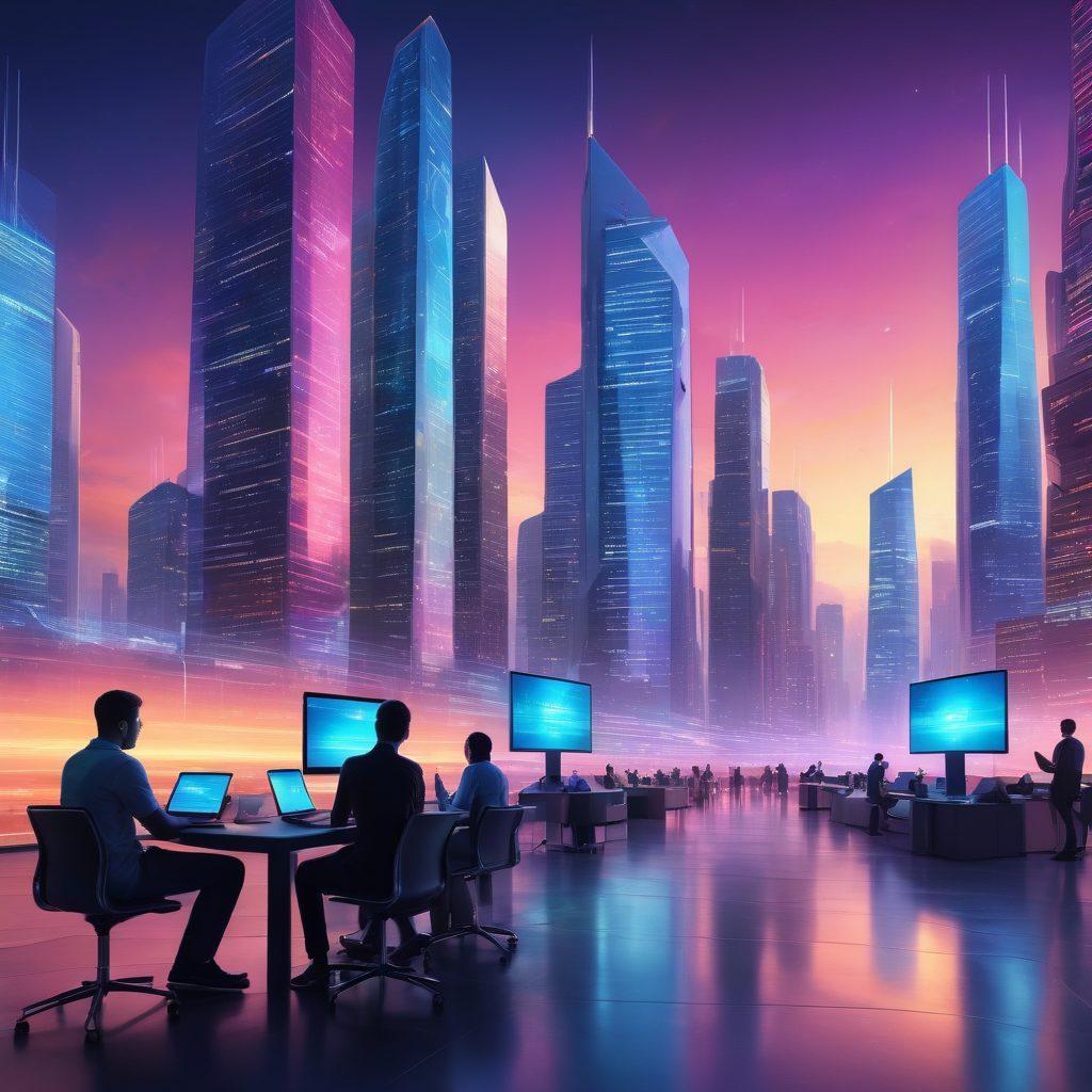 A dynamic, futuristic cityscape with sleek skyscrapers, glowing with digital screens showcasing software solutions and development trends. In the foreground, diverse people are engaged in tech activities, such as coding on laptops and discussing ideas. The scene radiates energy with vibrant colors and holographic elements, symbolizing innovation and progress in technology. A bright horizon represents new beginnings for tech enthusiasts. digital art. vibrant colors. 3D.