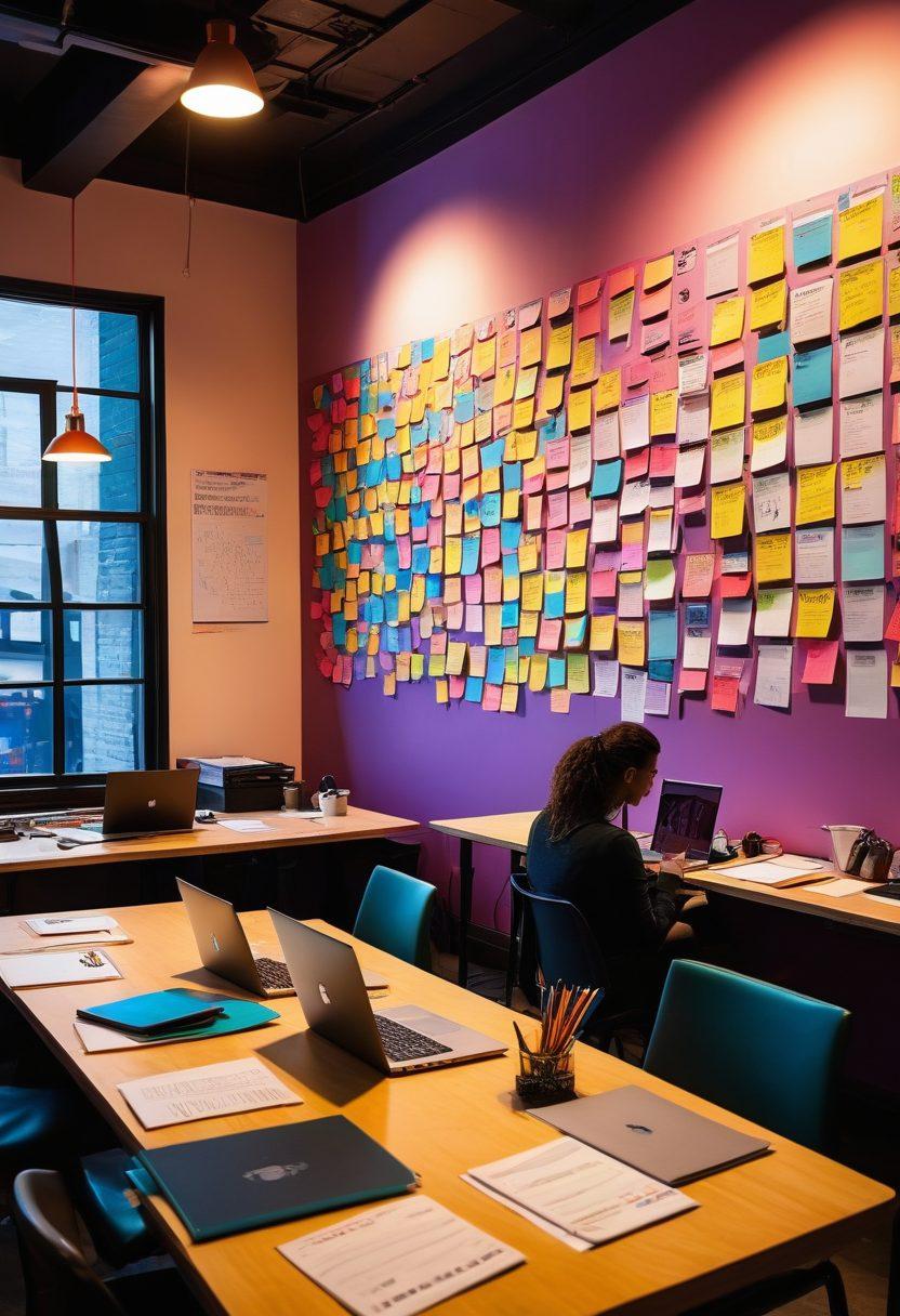 A vibrant workspace featuring a diverse group of aspiring developers collaborating over laptops, surrounded by inspirational posters of famous tech leaders. Include bright sticky notes with coding languages and design sketches scattered around. Emphasize a sense of empowerment and camaraderie with warm lighting. super-realistic. vibrant colors.